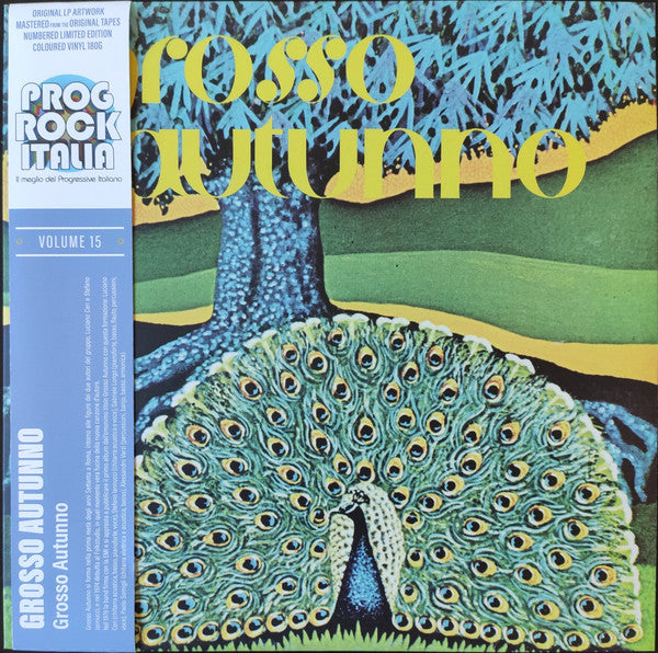 Blue vinyl record cover featuring a colorful peacock illustration.