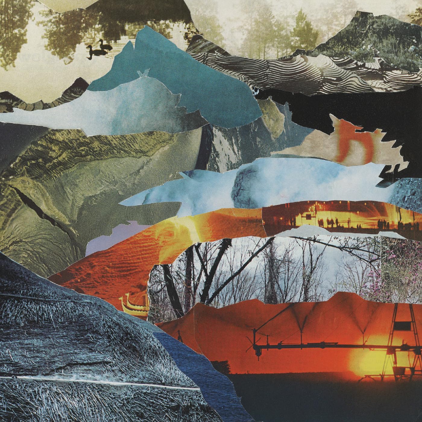 Abstract collage of layered landscape photographs featuring mountains, trees, silhouettes, and sunset scenes.