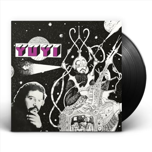Vinyl record cover featuring a surreal black and white space illustration and a man.