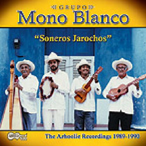 "CD cover featuring four men in white outfits holding various stringed instruments."