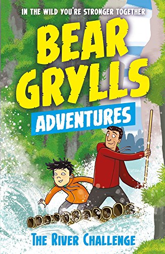 "Book cover showing cartoon man and boy crossing a river on barrels."