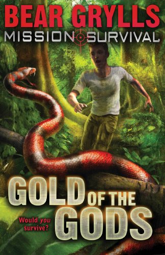 Book cover showing a boy running from a large snake in a jungle.