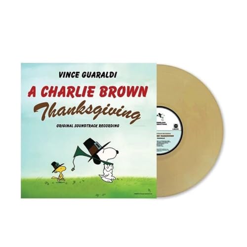 A Charlie Brown Thanksgiving" vinyl record with tan-colored disc and cover.