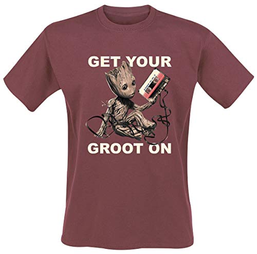 Red t-shirt with image of Baby Groot holding a cassette tape.