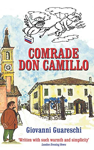 Book cover: village scene, priest, devil, angel, and red book.