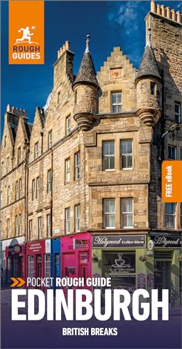 Edinburgh travel guide cover with historic buildings and shops.