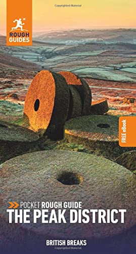 Travel guide cover featuring stone millstones in a Peak District landscape at sunrise.