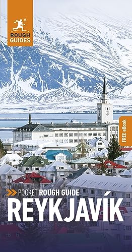 Reykjavík travel guide cover with snowy cityscape and church spire.