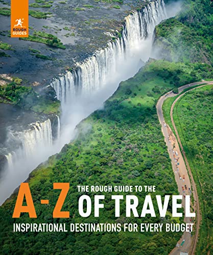 Travel guide cover featuring a wide aerial view of Victoria Falls and a road.