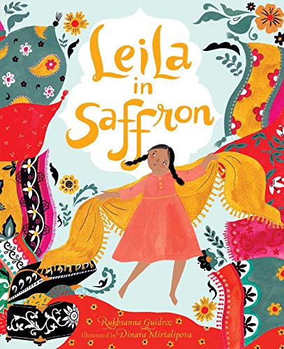 Book cover: girl with yellow scarf, colorful floral and paisley patterns.