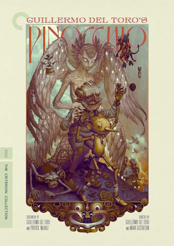 Guillermo Del Toro’s Pinocchio" DVD cover with illustrated characters and text.