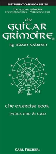 Green book cover for "The Guitar Grimoire 1 & 2 Exercise" with chord diagram.