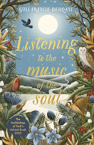 Book cover with winter landscape, birds, and floral illustrations.