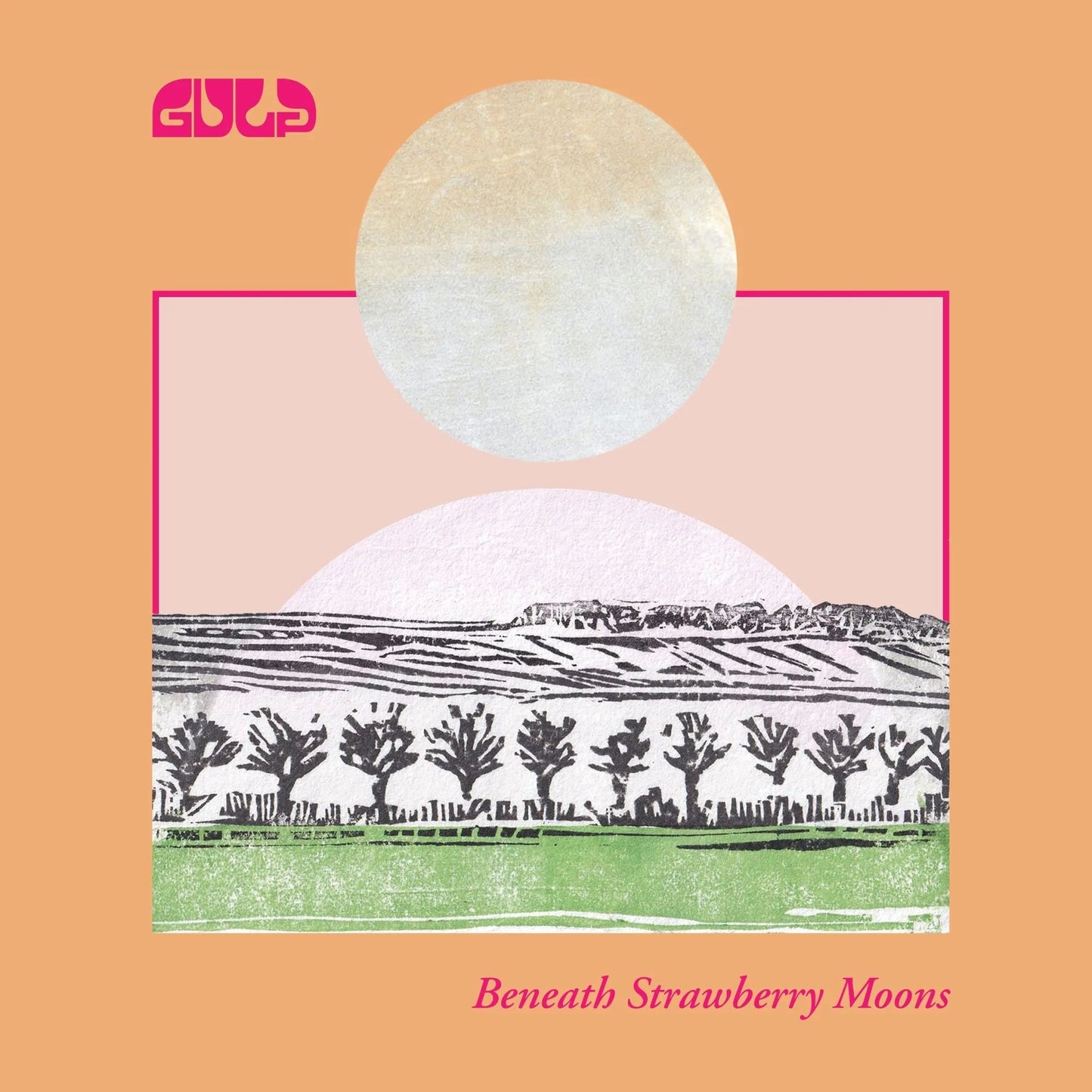 Album art showing a stylized landscape with trees under a large moon on peach.