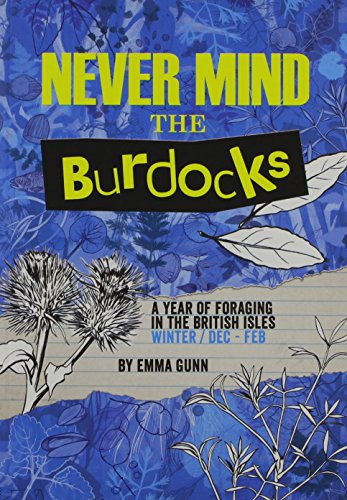 Book cover with yellow text, burdock illustration, and blue botanical background.