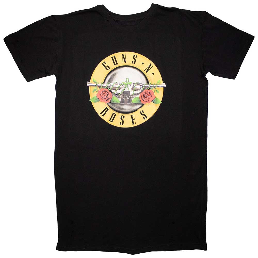 Black t-shirt dress with large white Guns N' Roses classic logo print.