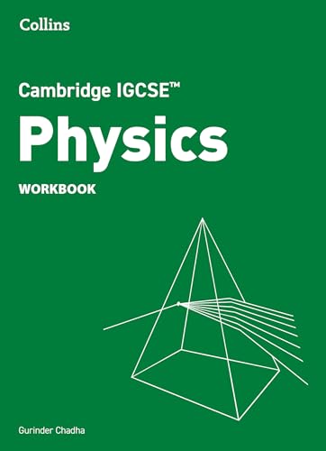 Green cover of "Cambridge IGCSE™ Physics Workbook" with a prism graphic.