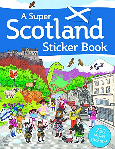 Cover of A Super Scotland Sticker Book featuring cartoon illustrations of Scottish landmarks and people.