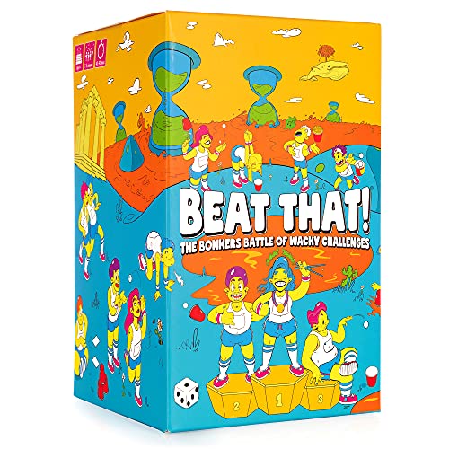 Colorful game box with cartoon figures performing silly challenges.