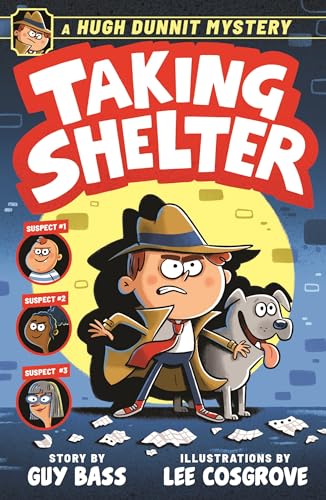 Book cover: cartoon detective, dog, and three suspect portraits.