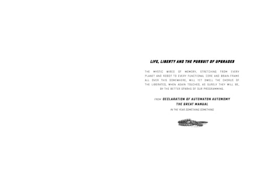 Book cover with text and a grayscale illustration of robotic parts.