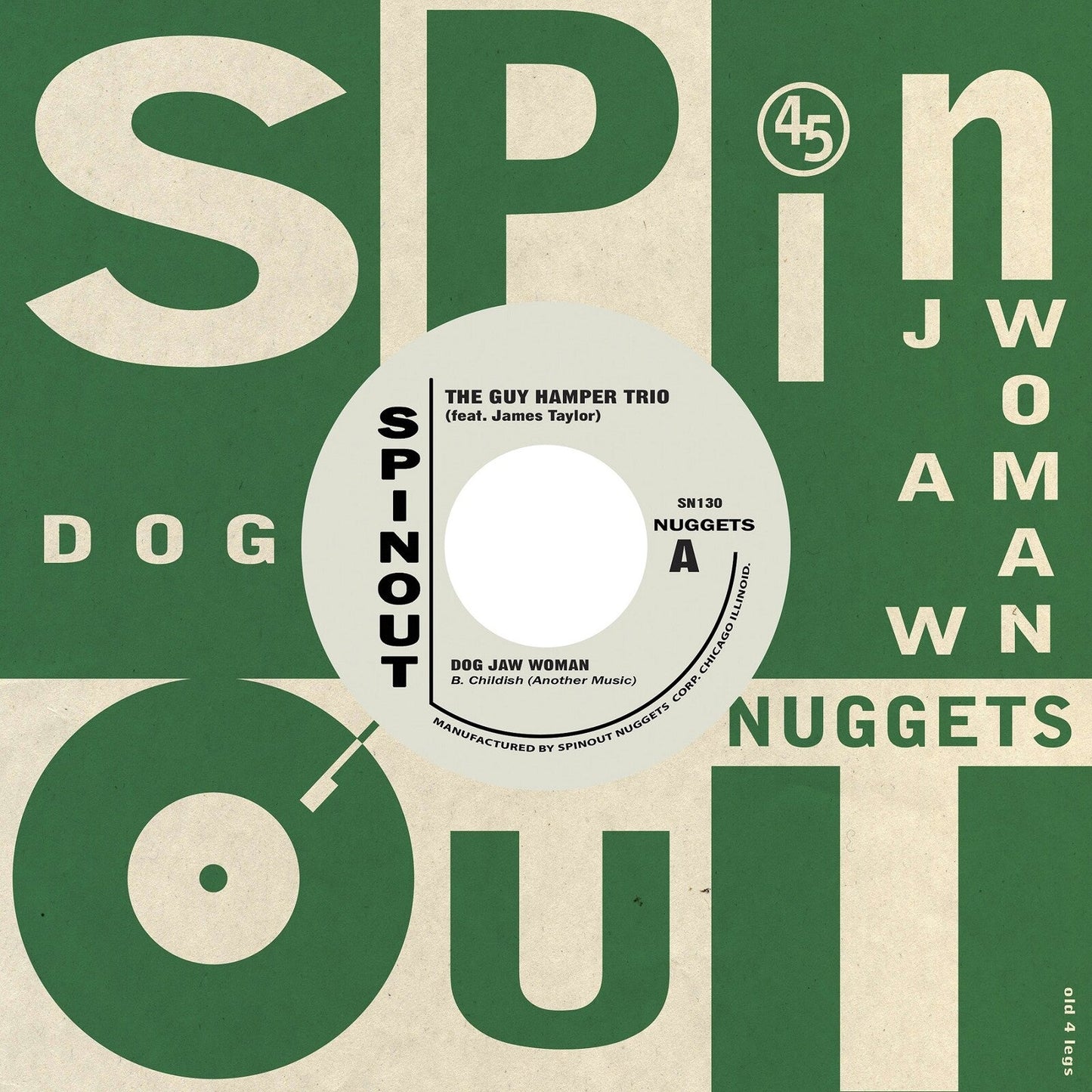 Record label for “Dog Jaw Woman” by The Guy Hamper Trio, green and white.