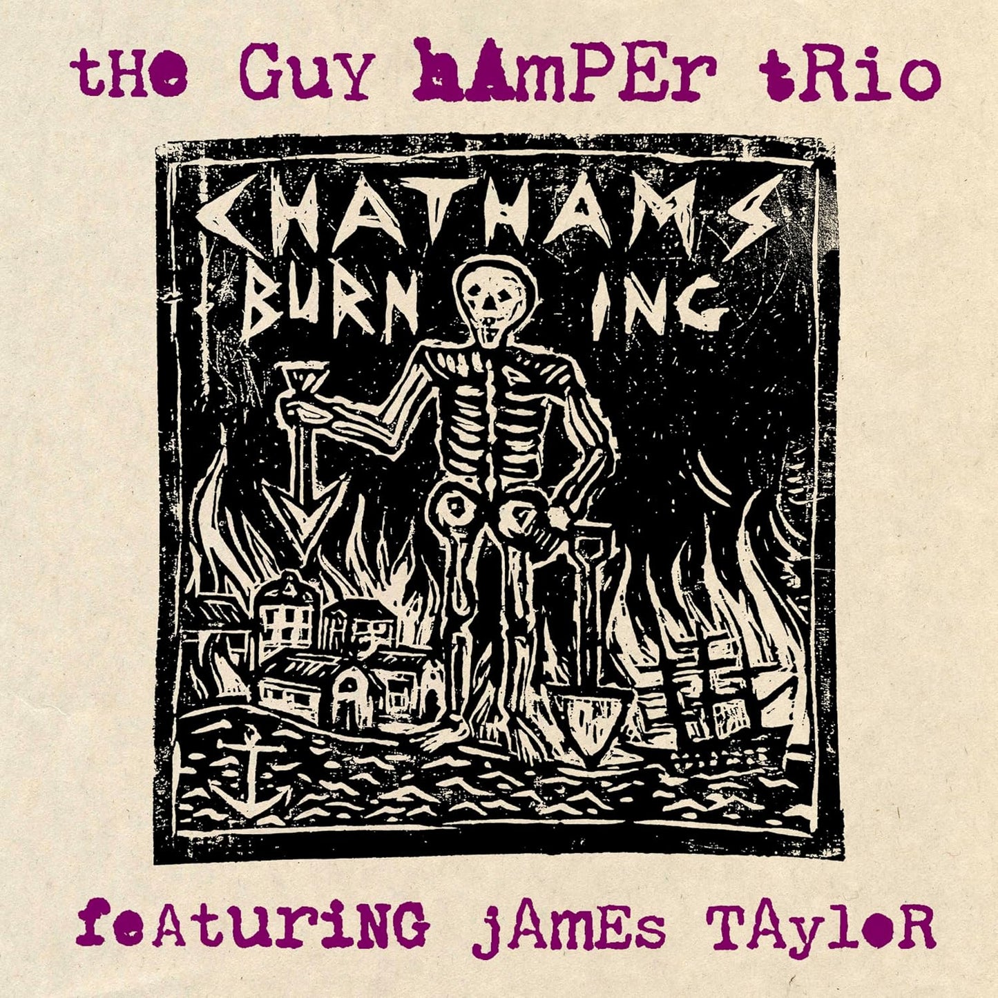 Vinyl cover art featuring a skeleton standing in flames above a burning town.