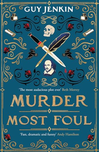 Book cover with a dagger, quill, skull, and Shakespeare portrait on a blue background.
