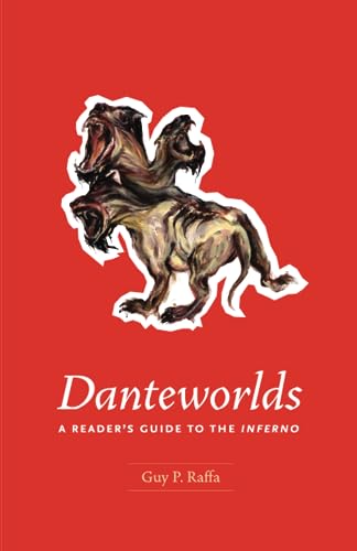 Book cover: red background, three-headed dog, title “Danteworlds.”
