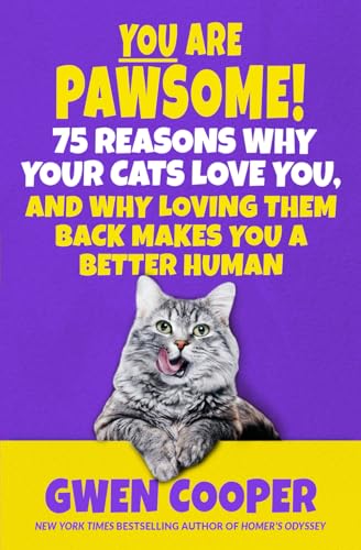 Book cover with a tabby cat and bright yellow and purple text.