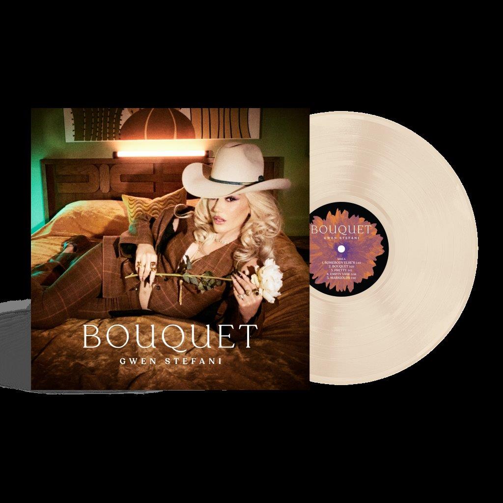 Gwen Stefani’s “Bouquet” vinyl record with album cover and pale peach disc.