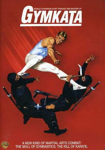 Gymkata DVD cover: man in white uniform mid-air, fighting two opponents.