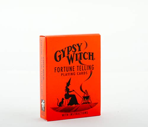 Red box of "Gypsy Witch Fortune Telling Playing Cards" with a witch illustration.