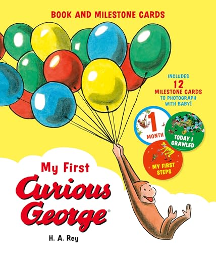 Curious George reaches for colorful balloons with milestone cards nearby.
