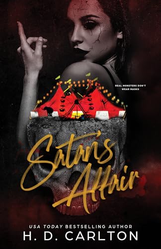 A woman with dark eyes stands behind a skull topped with a red circus tent.