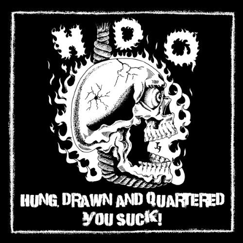 Black and white skull illustration with flames, text reads "Hung, Drawn and Quartered.