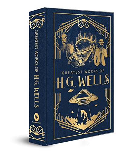 Dark blue book with gold text and illustrations of a spaceship and clockwork machine.