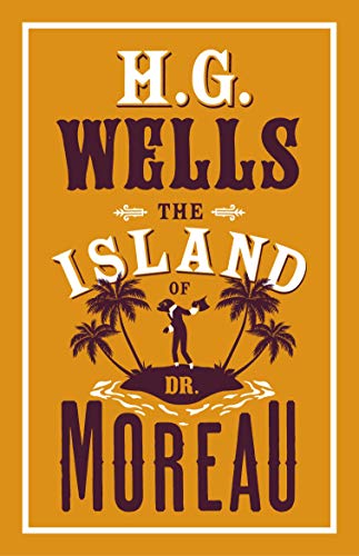 Orange book cover with title "The Island of Dr. Moreau" and palm trees.