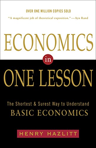 Book cover for Economics in One Lesson by Henry Hazlitt with black and white background.
