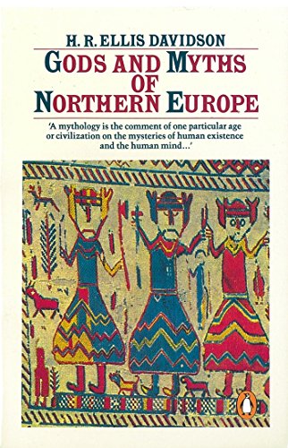 "Book cover with title 'Gods and Myths of Northern Europe' and Viking tapestry illustration."