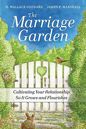 Book cover: “The Marriage Garden” with a garden gate and bird.