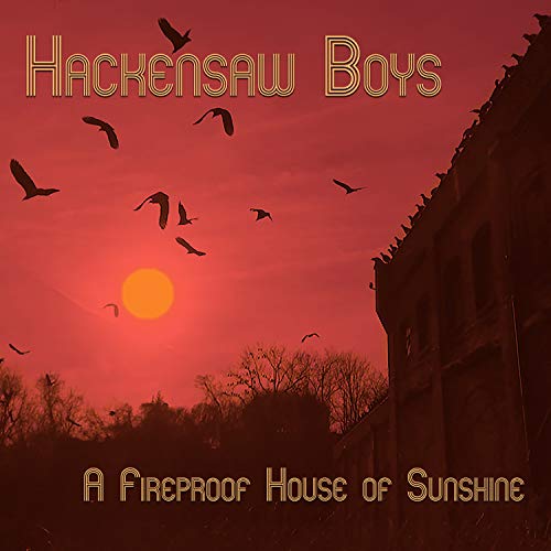 "Album cover featuring a red sunset with birds and a building silhouette."