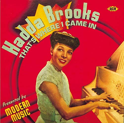 Hadda Brooks album cover, woman at a piano, red and yellow design.