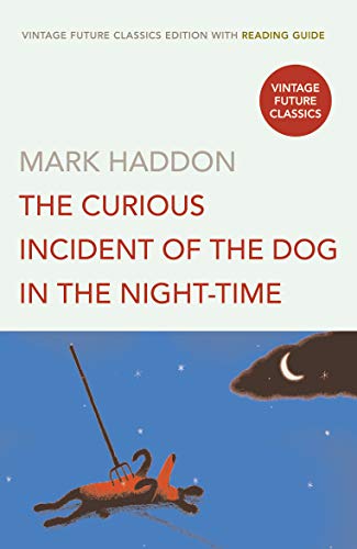 Book cover: “The Curious Incident of the Dog in the Night-time” with illustration.