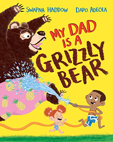 Children playing with a garden hose as a large bear looms above.
