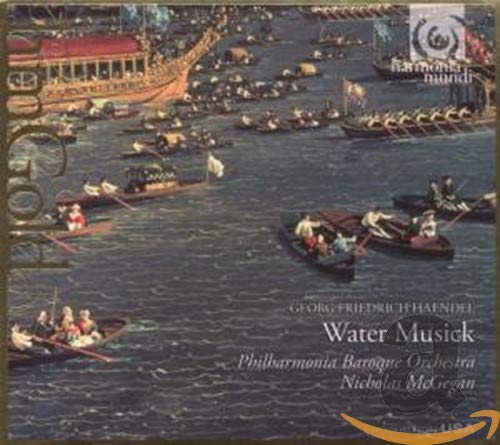 CD cover for Handel’s Water Music, featuring a baroque boat scene.