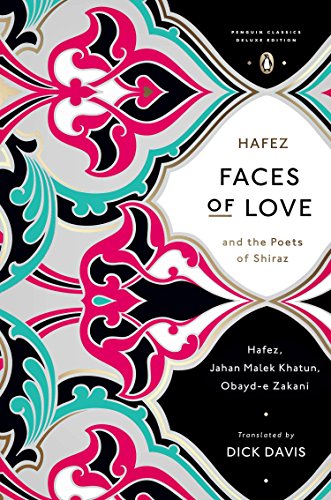 Book cover with ornate pink and teal floral design, title “Faces of Love.”