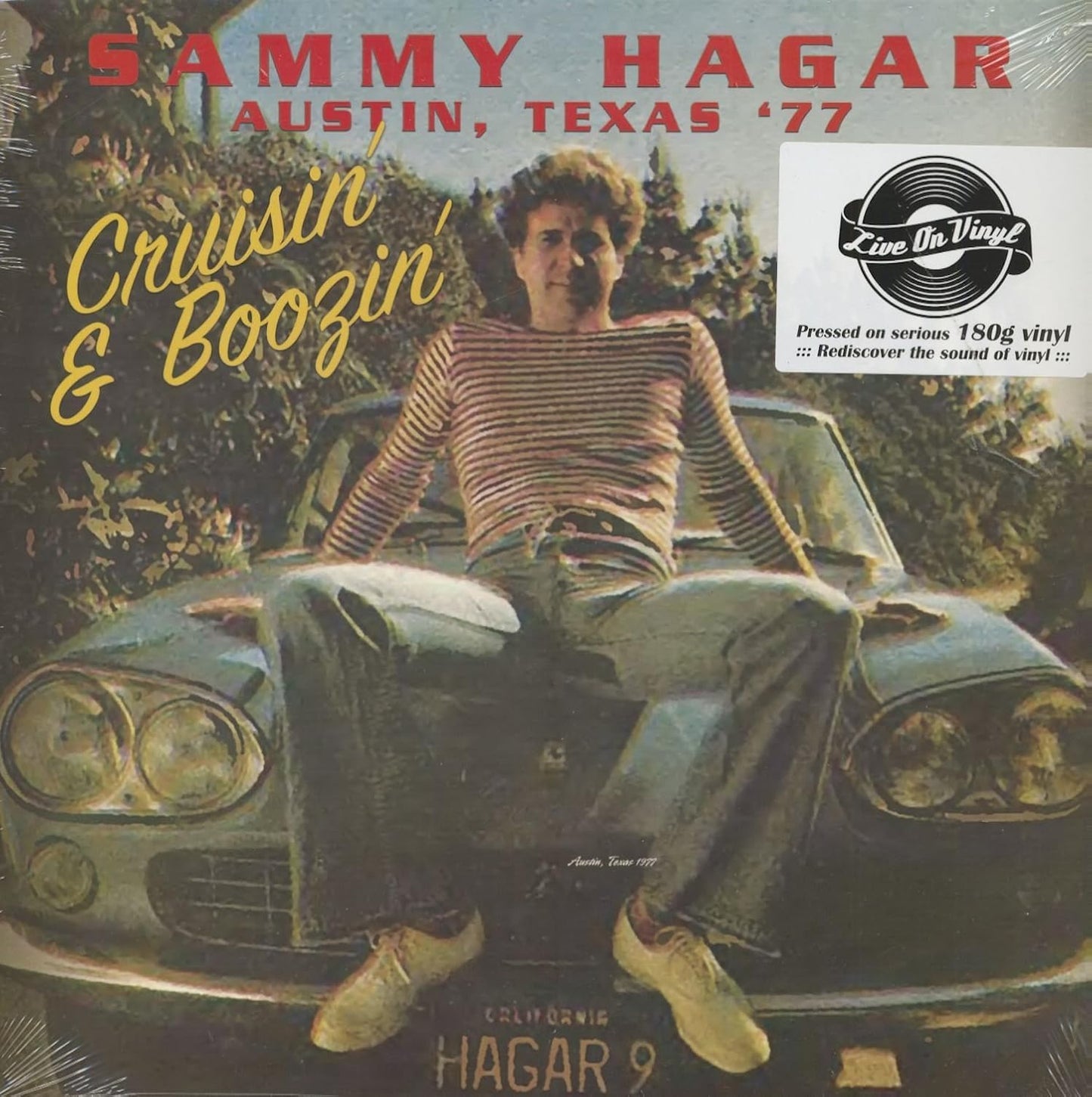 Sammy Hagar “Austin 1977” splatter vinyl record cover with a car image.