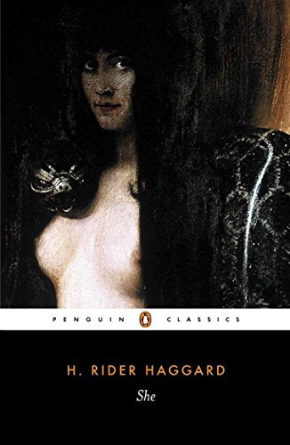 Book cover for She by H. Rider Haggard featuring a dark, moody portrait painting.