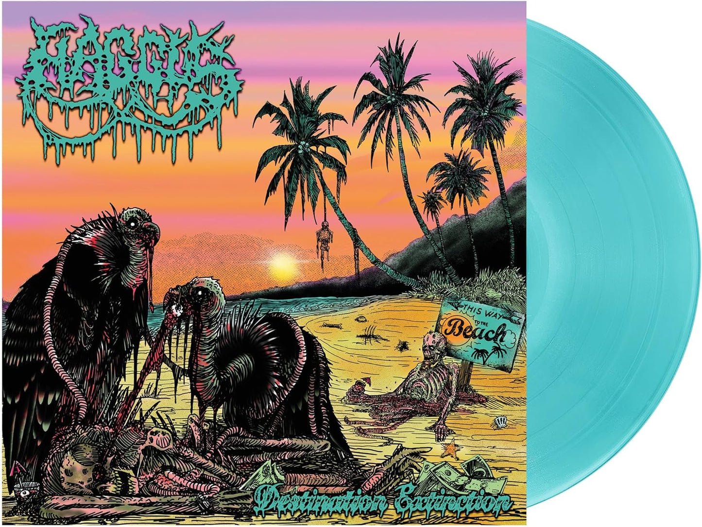 Vinyl record cover: grotesque art with a beach, birds, and figures.